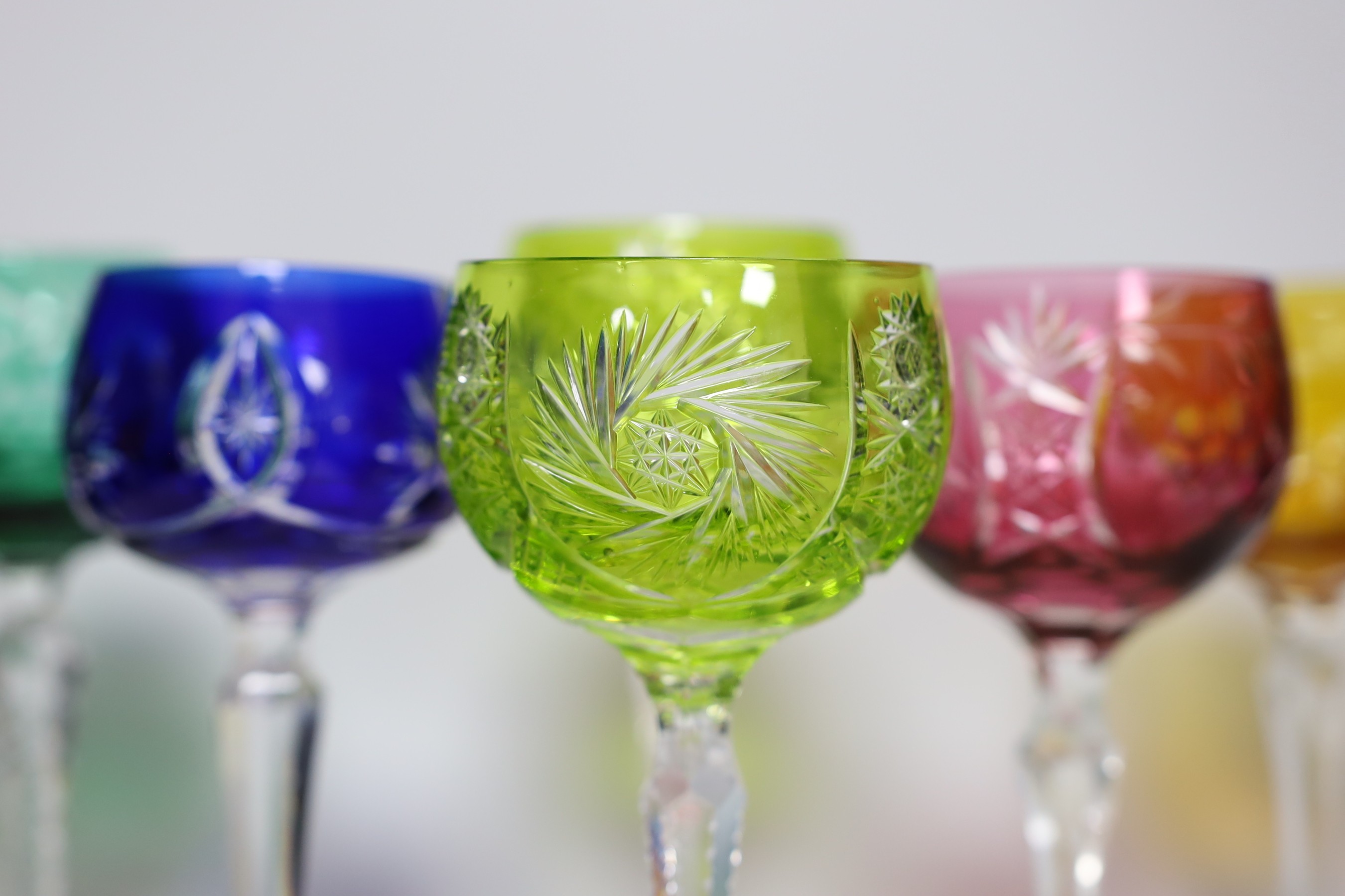 Eight coloured hock glasses